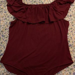 Dressy Maroon ruffled onesie top.